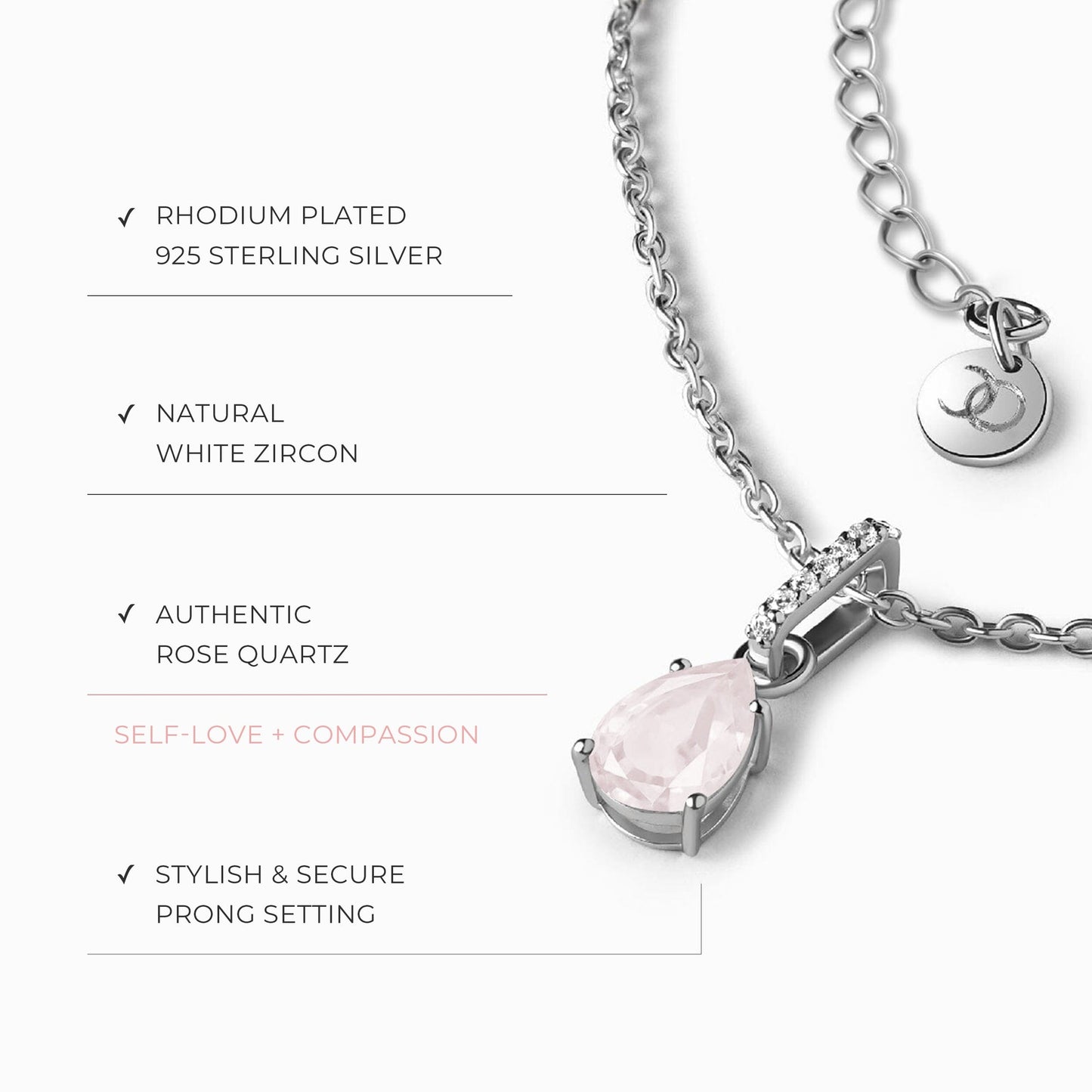 Collier Sway en quartz rose avec pierre de naissance et chaîne à chevrons