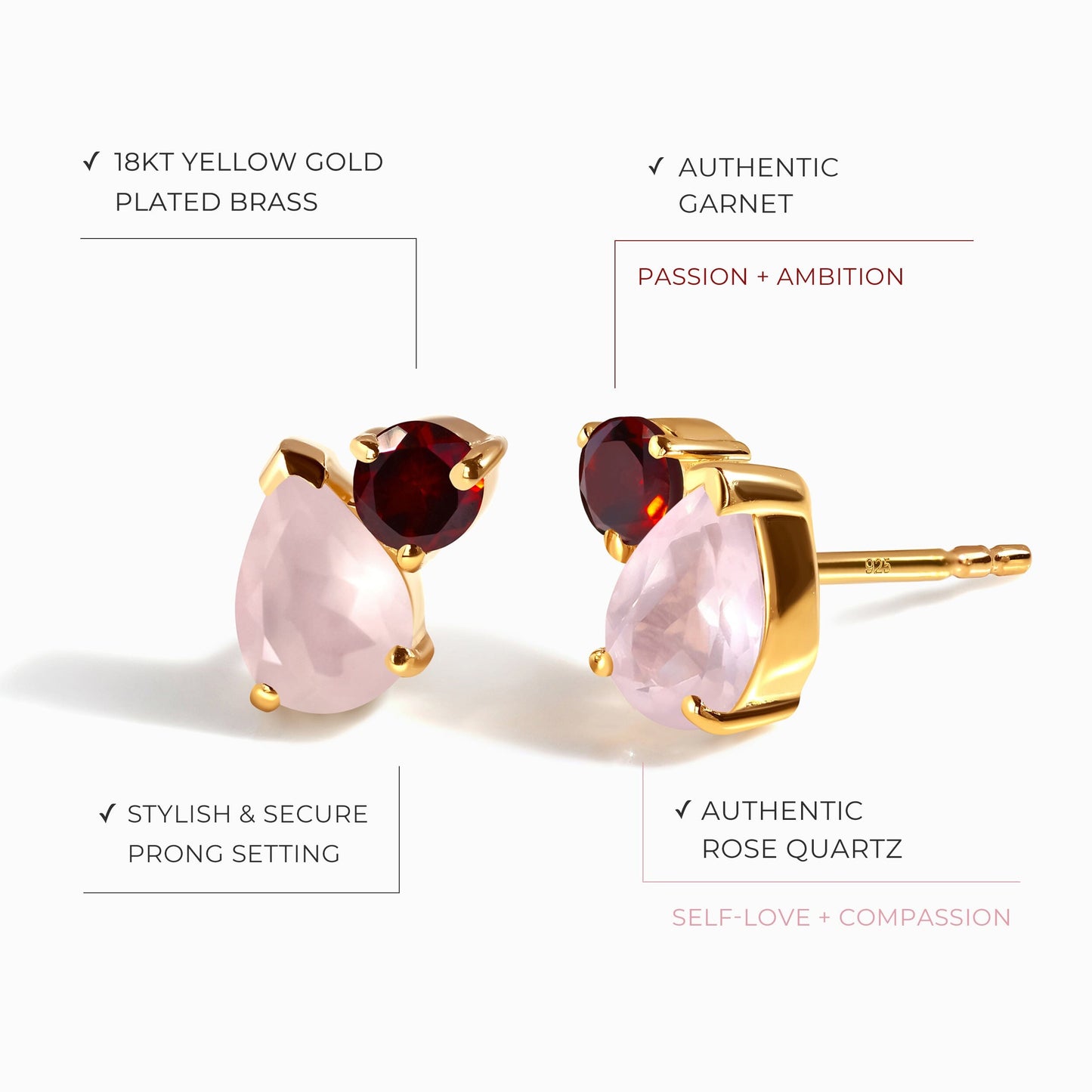 Puces d'oreilles grenat quartz rose - Toi Et Moi