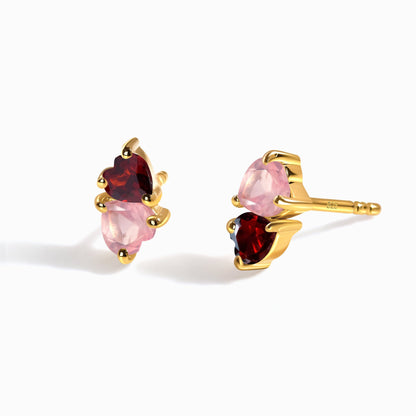 Boucles d'oreilles en quartz rose et grenat - Cœurs flottants