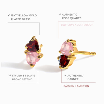 Boucles d'oreilles en quartz rose et grenat - Cœurs flottants