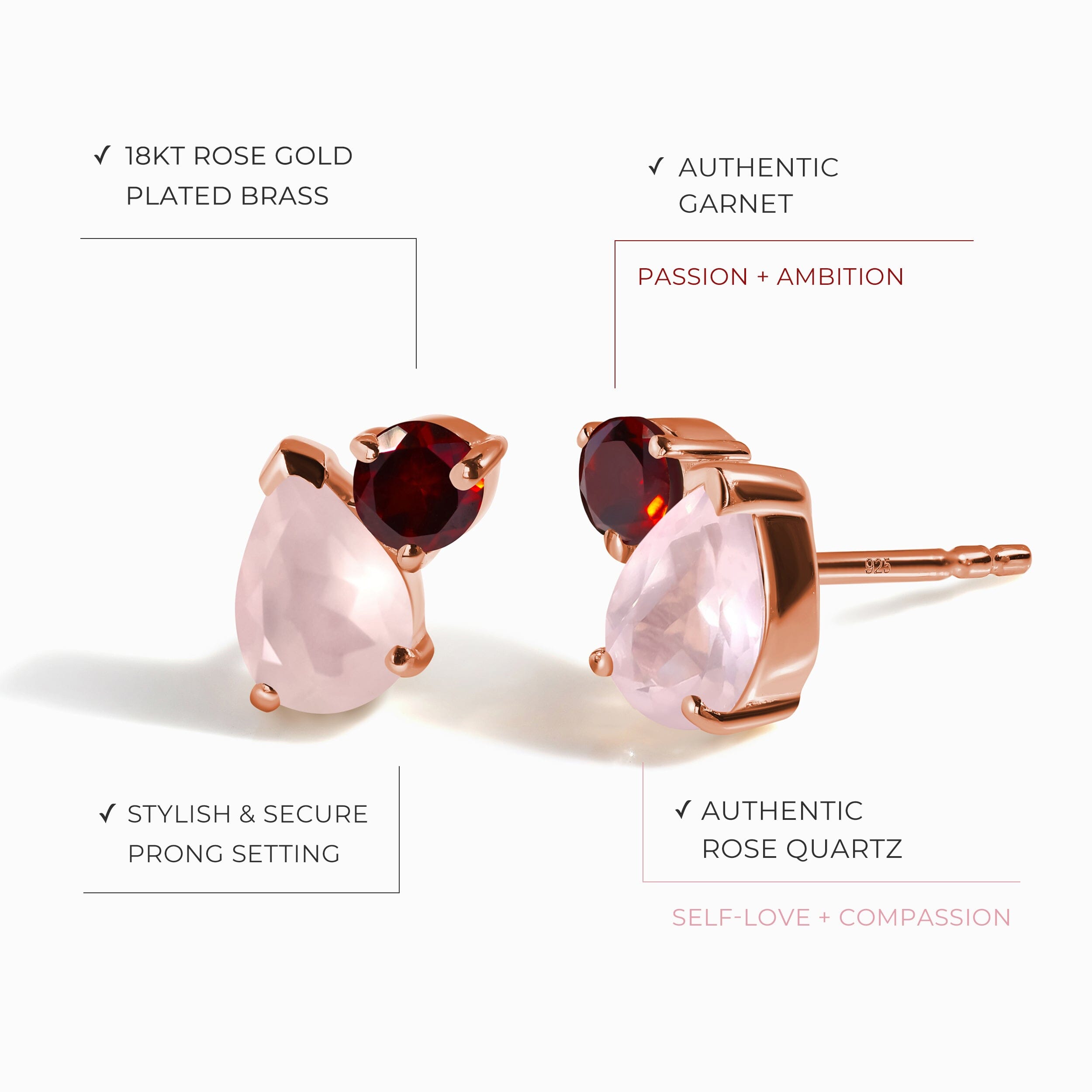 Rose Quartz Garnet Studs - Toi Et Moi