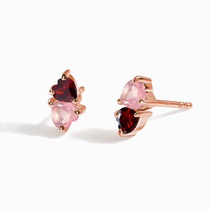 Boucles d'oreilles en quartz rose et grenat - Cœurs flottants