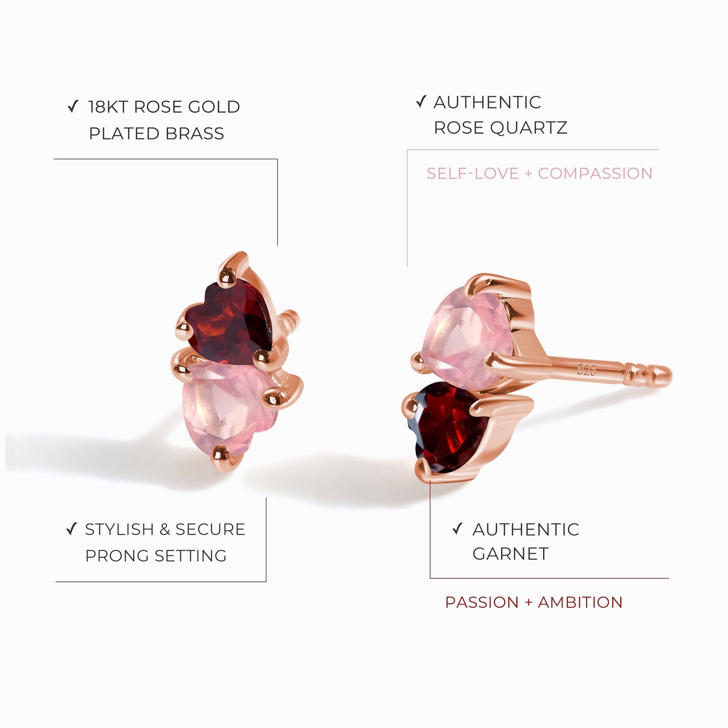 Boucles d'oreilles en quartz rose et grenat - Cœurs flottants