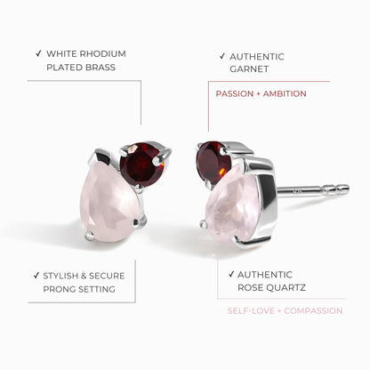 Puces d'oreilles grenat quartz rose - Toi Et Moi