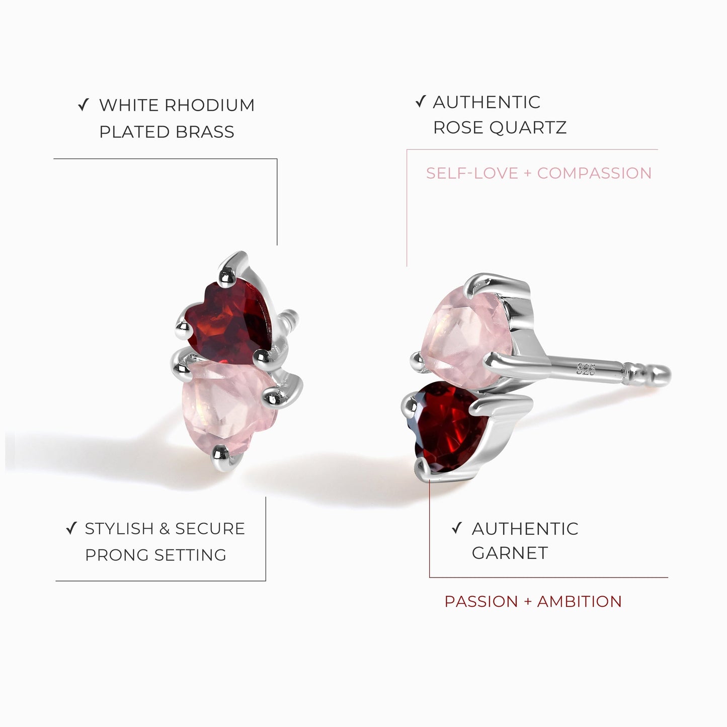 Boucles d'oreilles en quartz rose et grenat - Cœurs flottants