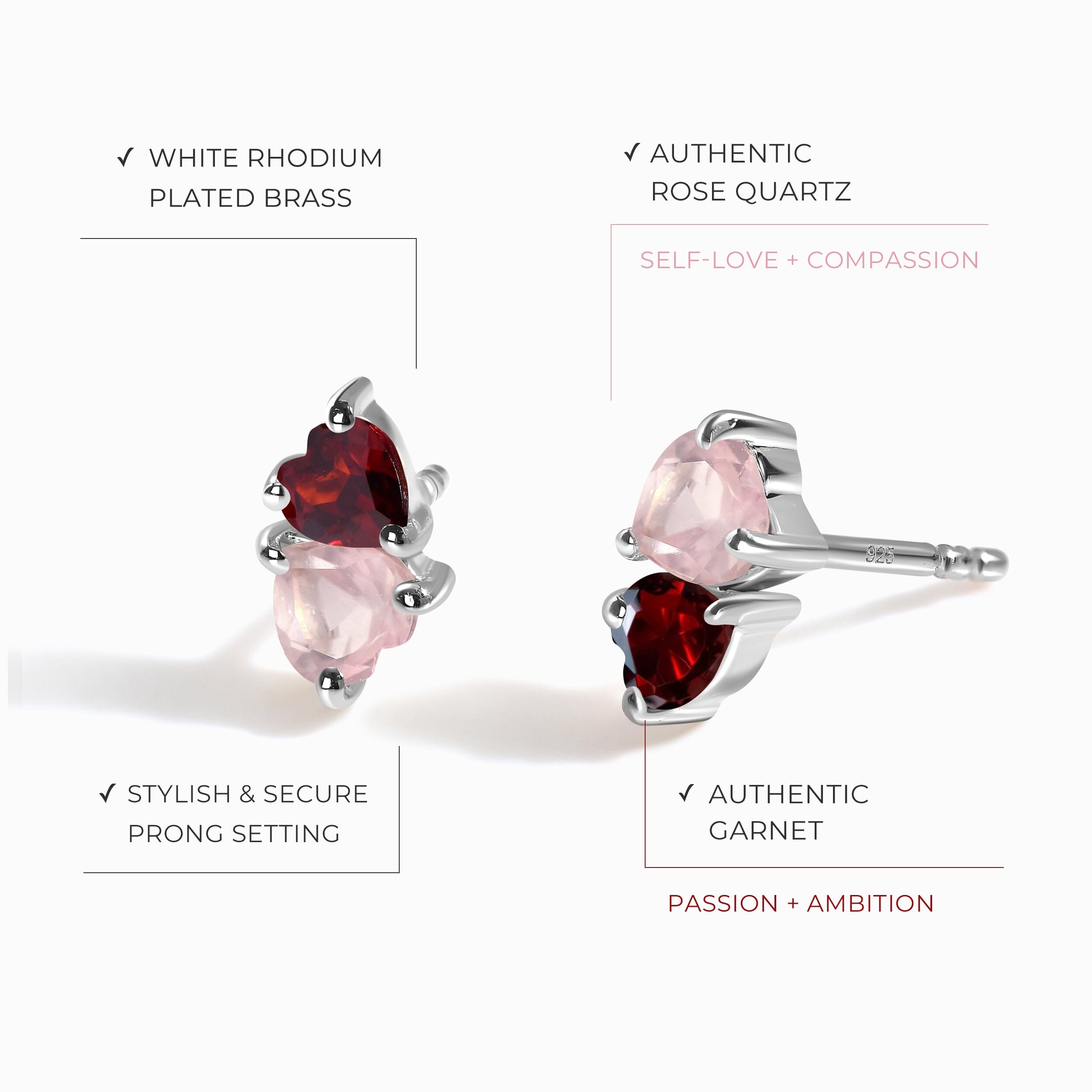 Rose Quartz & Garnet Earrings - Floating Hearts