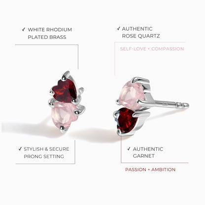 Boucles d'oreilles en quartz rose et grenat - Cœurs flottants