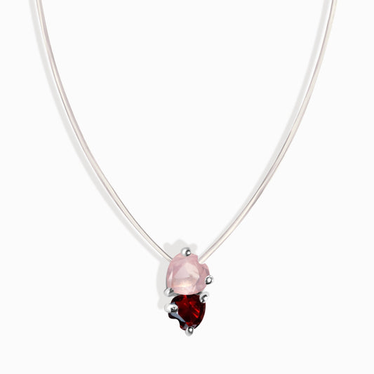 Collier en quartz rose et grenat - Cœurs flottants