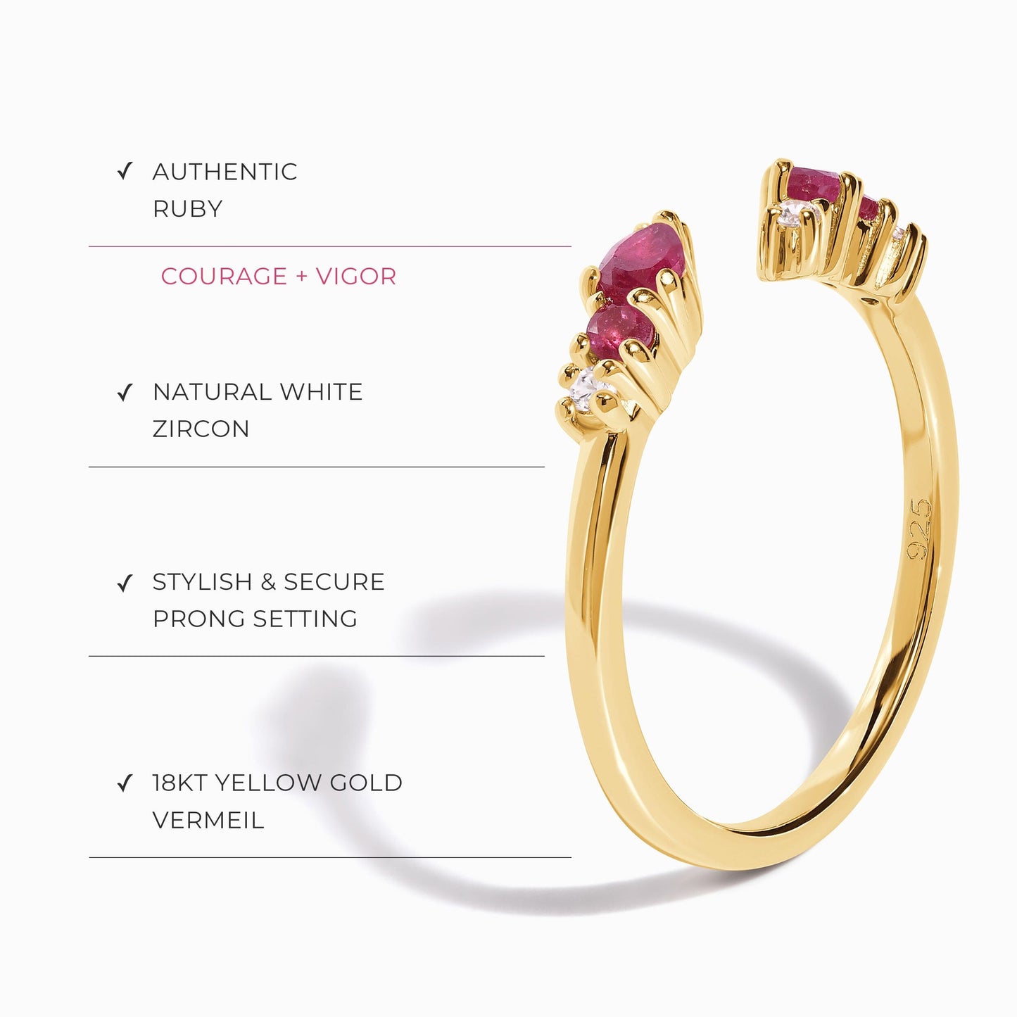 Bague ajustable en rubis Flourish - Pierre de naissance de juillet