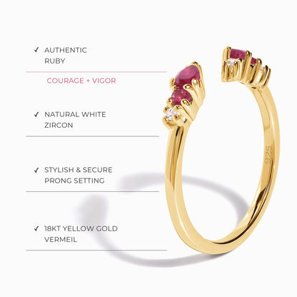 Bague ajustable en rubis Flourish - Pierre de naissance de juillet