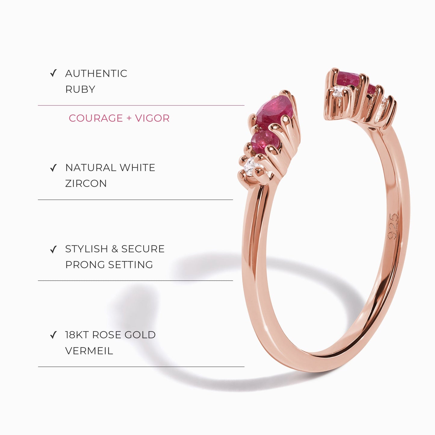 Bague ajustable en rubis Flourish - Pierre de naissance de juillet