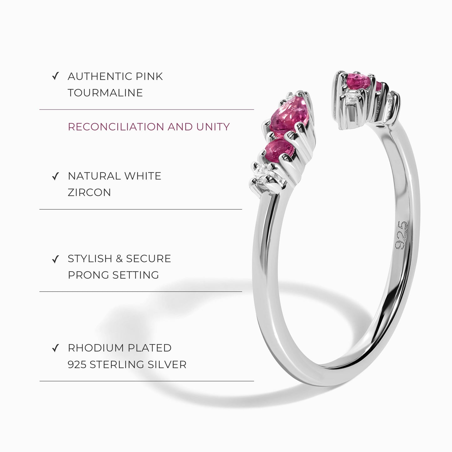Bague ajustable en tourmaline rose Flourish – Pierre de naissance d'octobre
