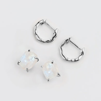 Ensemble de boucles d'oreilles créoles en pierre de lune brute - Pure Power