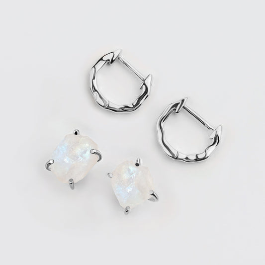 Ensemble de boucles d'oreilles créoles en pierre de lune brute - Pure Power