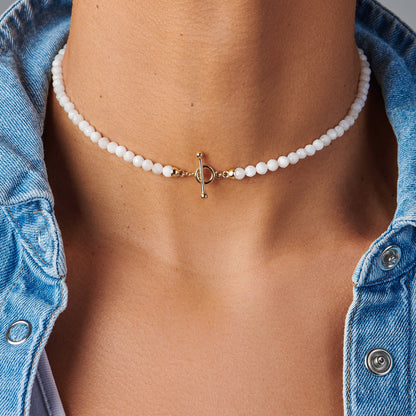 Collier de perles en pierre de lune blanche avec fermoir en T - Augmentez vos vibrations