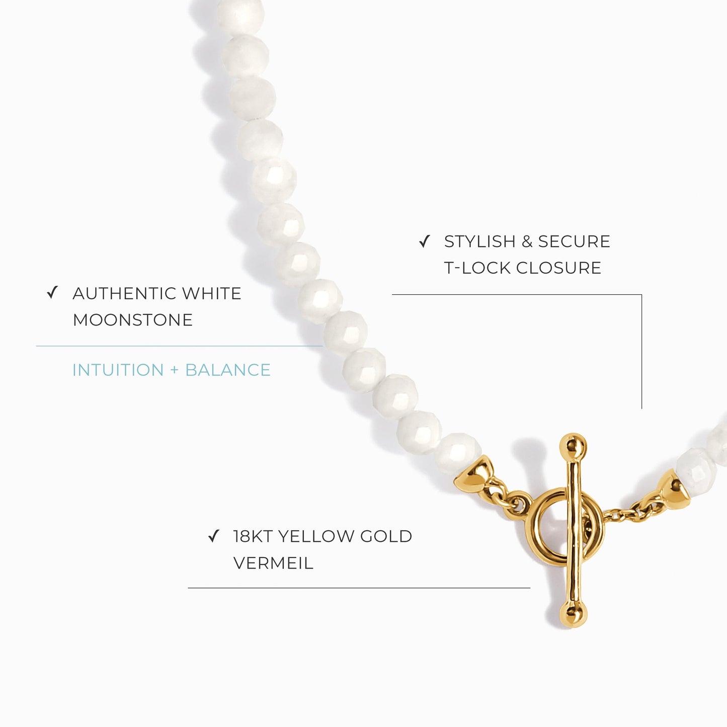 Collier de perles en pierre de lune blanche avec fermoir en T - Augmentez vos vibrations