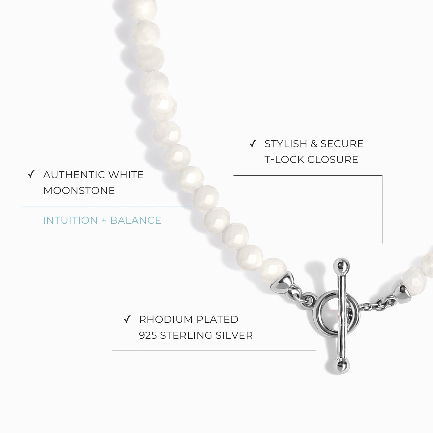 Collier de perles en pierre de lune blanche avec fermoir en T - Augmentez vos vibrations