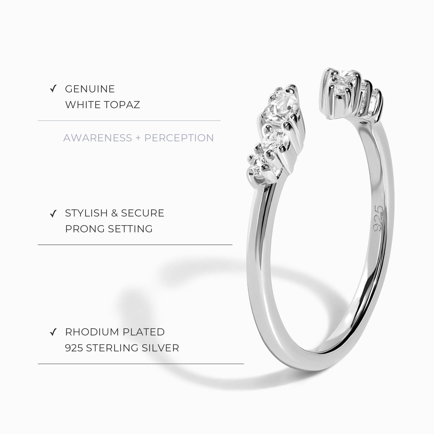 Bague ajustable en topaze blanche Flourish – Pierre de naissance d'avril