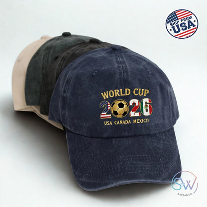 2026 World Cup Hat, Vintage Style Adjustable Cotton Cap, Soccer Fan Dad Hat, USA Canada Mexico