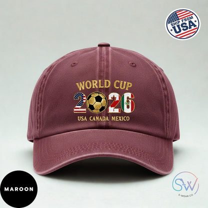 2026 World Cup Hat, Vintage Style Adjustable Cotton Cap, Soccer Fan Dad Hat, USA Canada Mexico