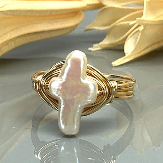 White Pearl Cross Wire Wrapped Ring Starymagic