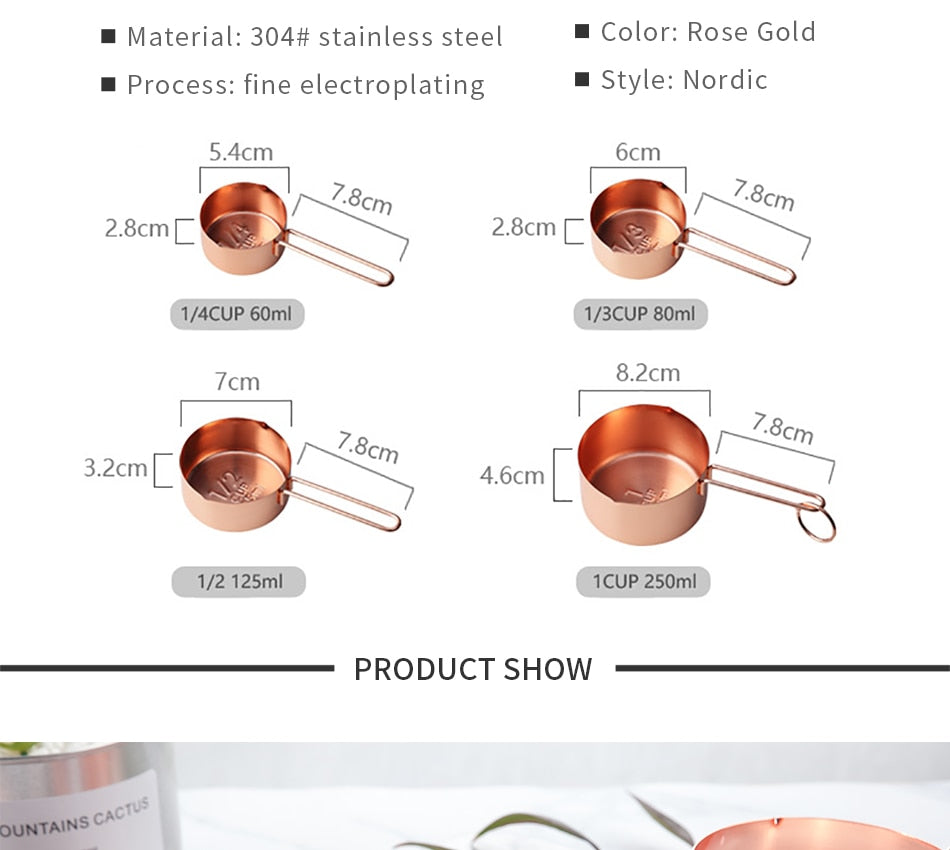 4 Pcs/Set Rose Gold Stainless Steel Kitchen Measuring Scoops