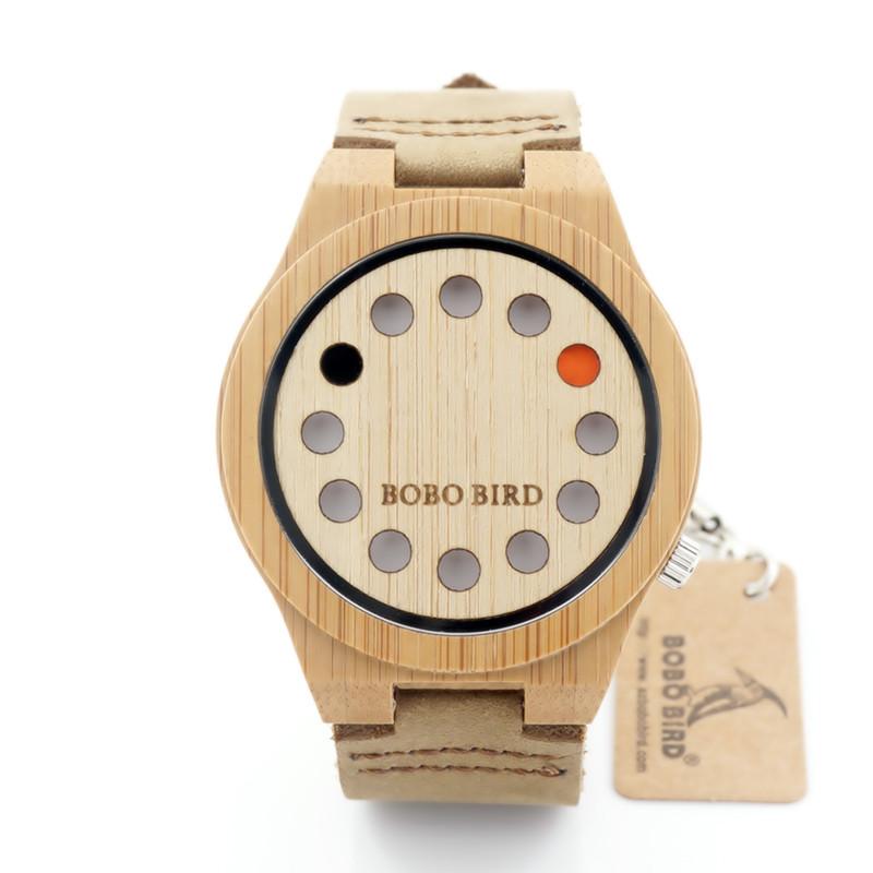 BOBO BIRD 12 Hole Bamboo Wood Watch With White Real Leather Straps