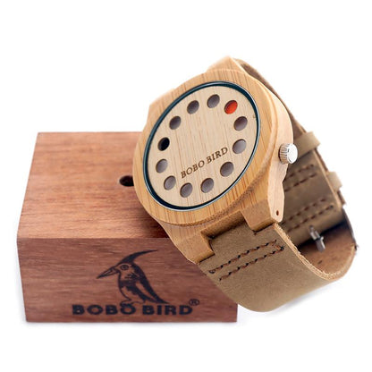 Montre BOBO BIRD en bois de bambou à 12 trous avec bracelet en cuir véritable blanc