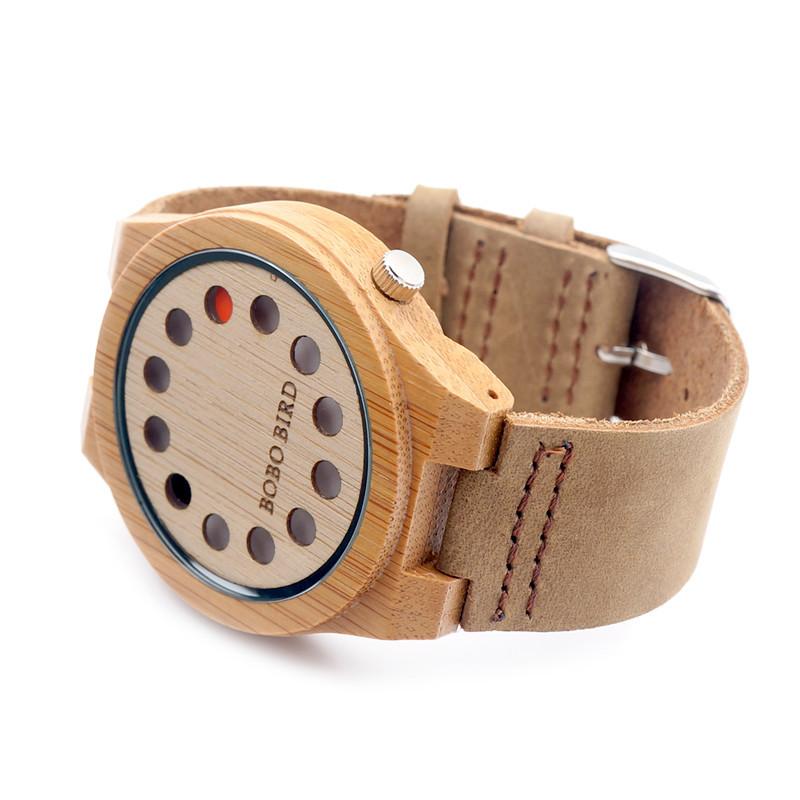 BOBO BIRD 12 Hole Bamboo Wood Watch With White Real Leather Straps