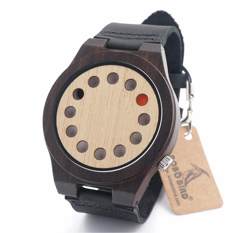 Montre BOBO BIRD 12 trous en bambou avec aiguilles rouges et noires