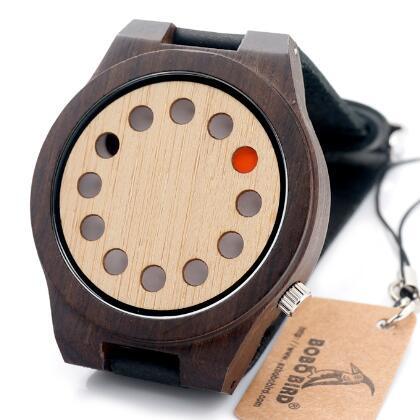 Montre BOBO BIRD 12 trous en bambou avec aiguilles rouges et noires