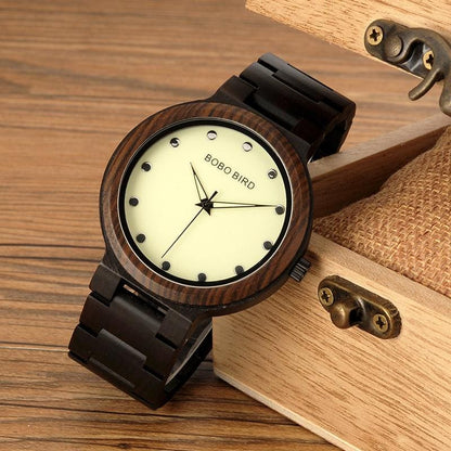 Montre en bois pour homme avec aiguilles lumineuses