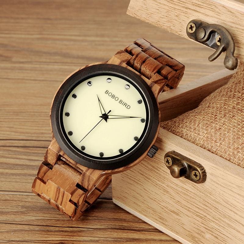 Montre en bois pour homme avec aiguilles lumineuses