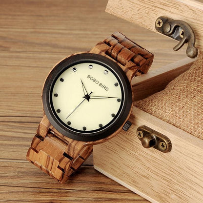 Montre en bois pour homme avec aiguilles lumineuses