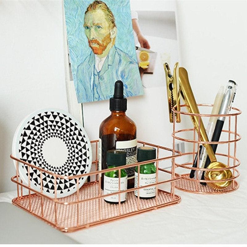 Rose Gold Color Stainless Steel Storage Box and Office Desk Organizer