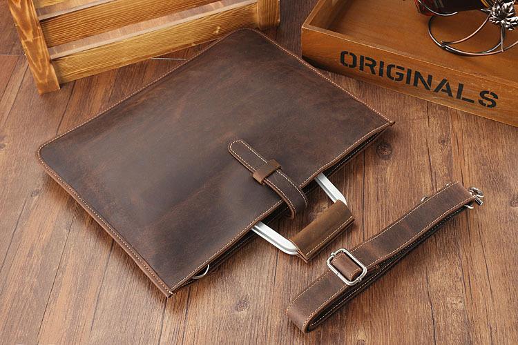Sac de travail portefeuille de données Crazy Horse en cuir véritable pour homme, porte-documents à bandoulière simple, mallette d'affaires, trousse de documents fine