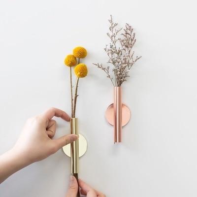 Minimal Rose Golden Stainless Steel Wall Mount Vase with Magnetic Flowerpot