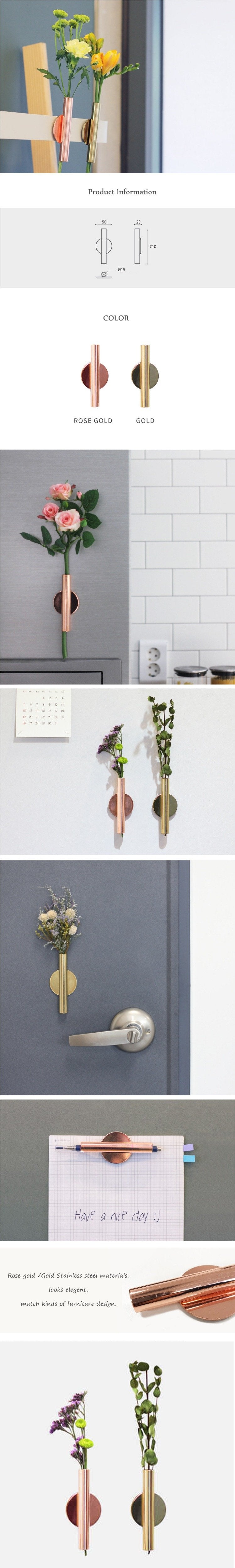 Minimal Rose Golden Stainless Steel Wall Mount Vase with Magnetic Flowerpot