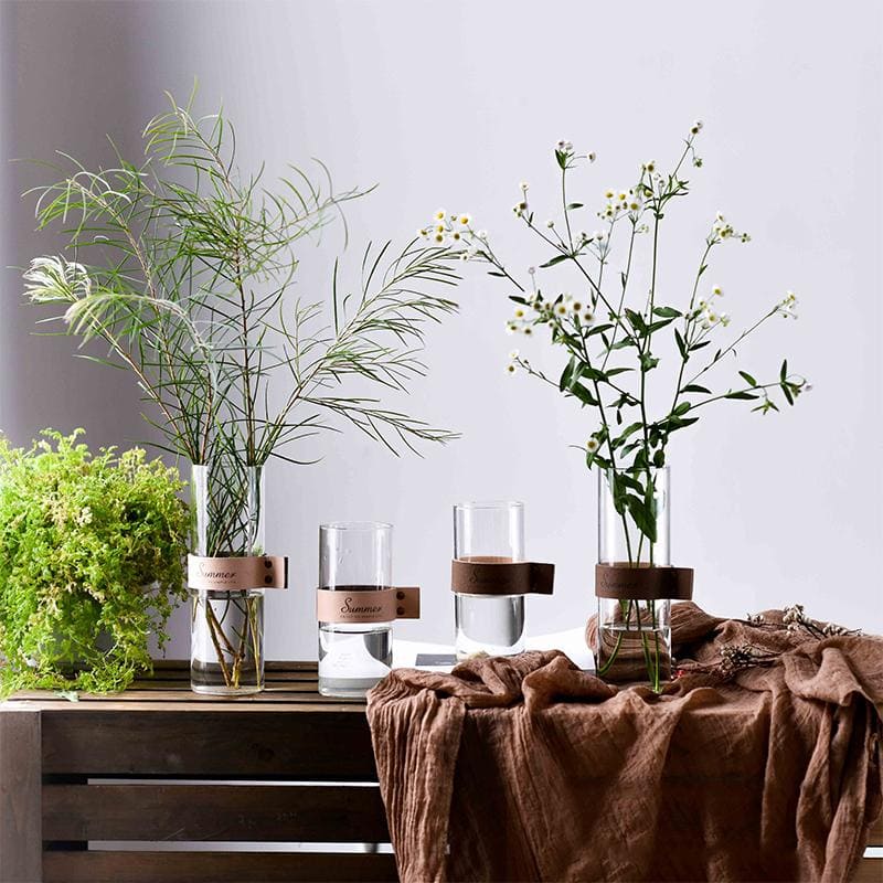 Nordic Style Leather and Glass Transparent Tabletop Vase