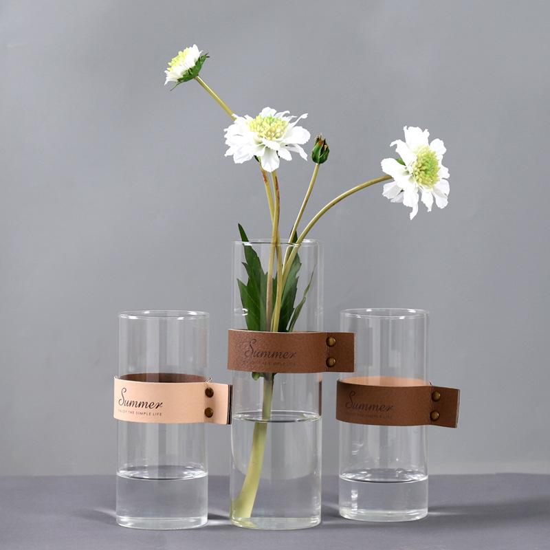 Nordic Style Leather and Glass Transparent Tabletop Vase