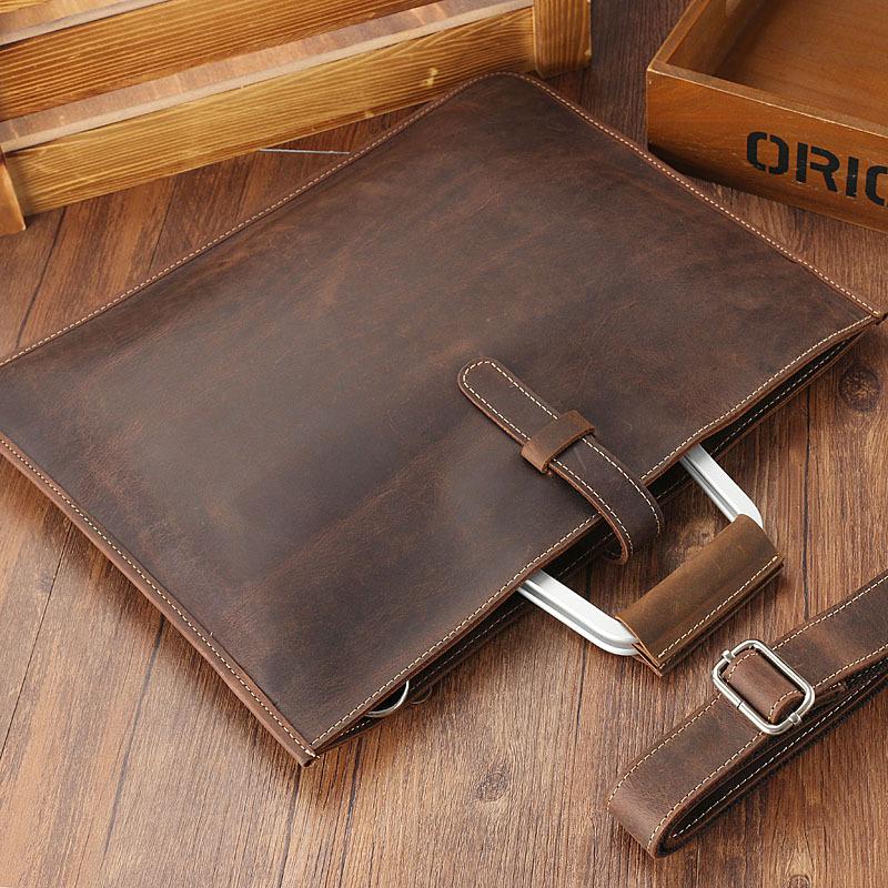 Sac de travail portefeuille de données Crazy Horse en cuir véritable pour homme, porte-documents à bandoulière simple, mallette d'affaires, trousse de documents fine