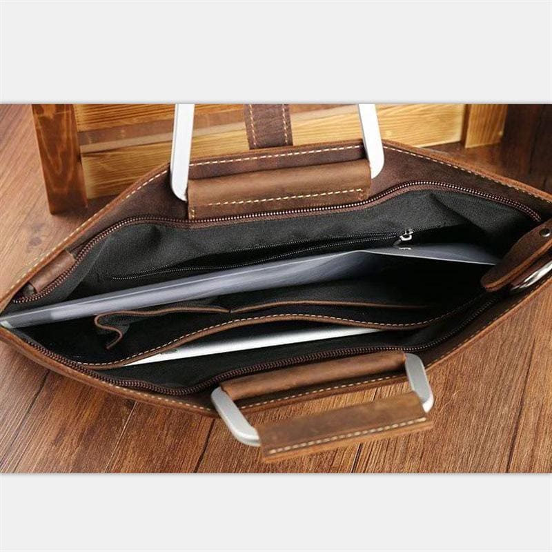 Sac de travail portefeuille de données Crazy Horse en cuir véritable pour homme, porte-documents à bandoulière simple, mallette d'affaires, trousse de documents fine