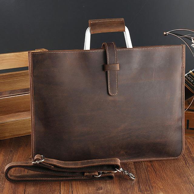 Sac de travail portefeuille de données Crazy Horse en cuir véritable pour homme, porte-documents à bandoulière simple, mallette d'affaires, trousse de documents fine